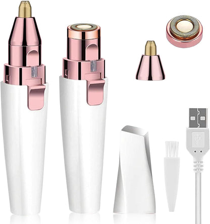Facial Hair Remover for Women, Eyebrow Trimmer Nose Hair Razor 2-In-1, Mini Bikini Razor Precise Shaper, Portable Rechargeable Epilator for Lips, Body, Cheeks, Chin, Arms, Legs, Peach Fuzz (White)