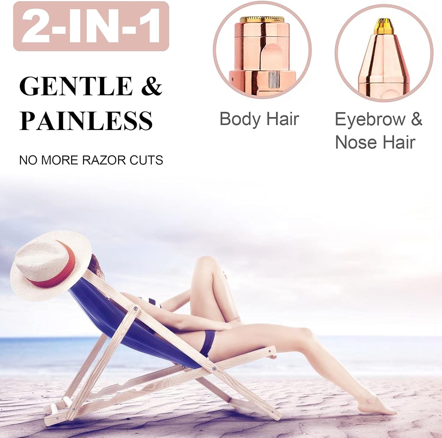Facial Hair Remover for Women, Eyebrow Trimmer Nose Hair Razor 2-In-1, Mini Bikini Razor Precise Shaper, Portable Rechargeable Epilator for Lips, Body, Cheeks, Chin, Arms, Legs, Peach Fuzz (White)